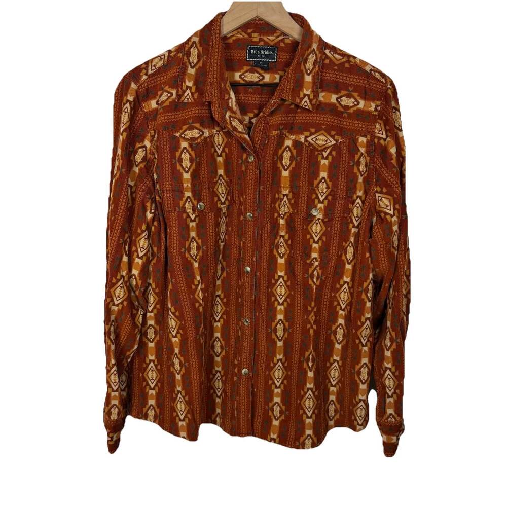 Bit & Bridle Women’s Corduroy Western Snap Shirt Orange Size XL Southwestern